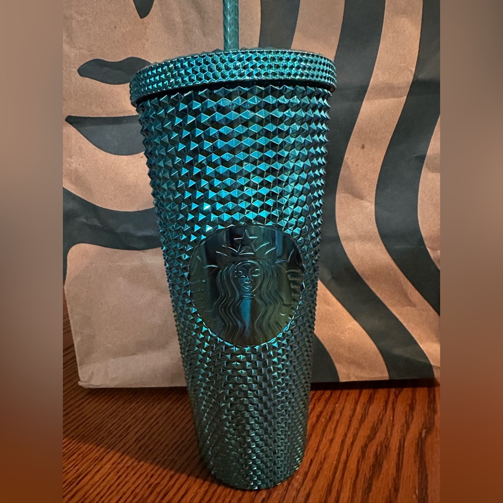 Starbucks Summer 2023 Metallic Chrome Teal Blue Bling Studded 24oz. Tumbler
